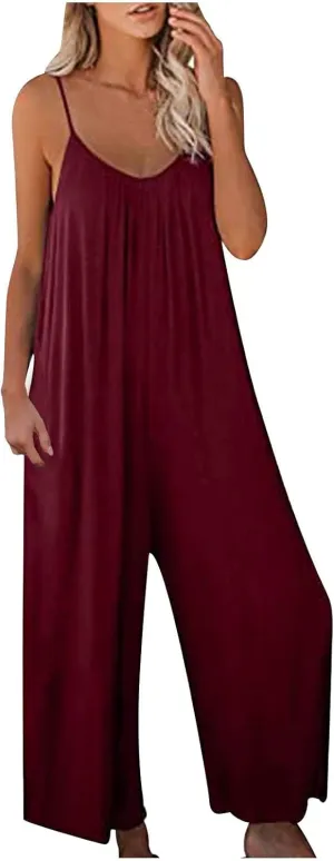 Ceboyel Womens Spaghetti Strap Jumpsuits Rompers Baggy Wide Leg Overalls Solid One Piece Romper Summer Beach Clothes 2023