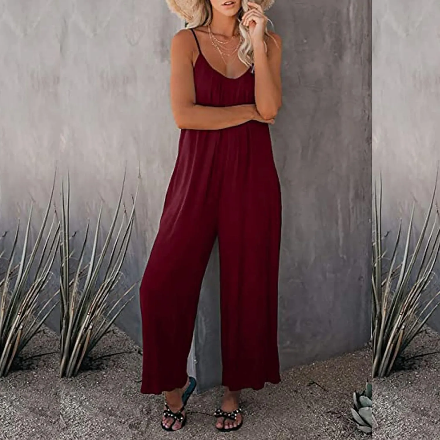 Ceboyel Womens Spaghetti Strap Jumpsuits Rompers Baggy Wide Leg Overalls Solid One Piece Romper Summer Beach Clothes 2023