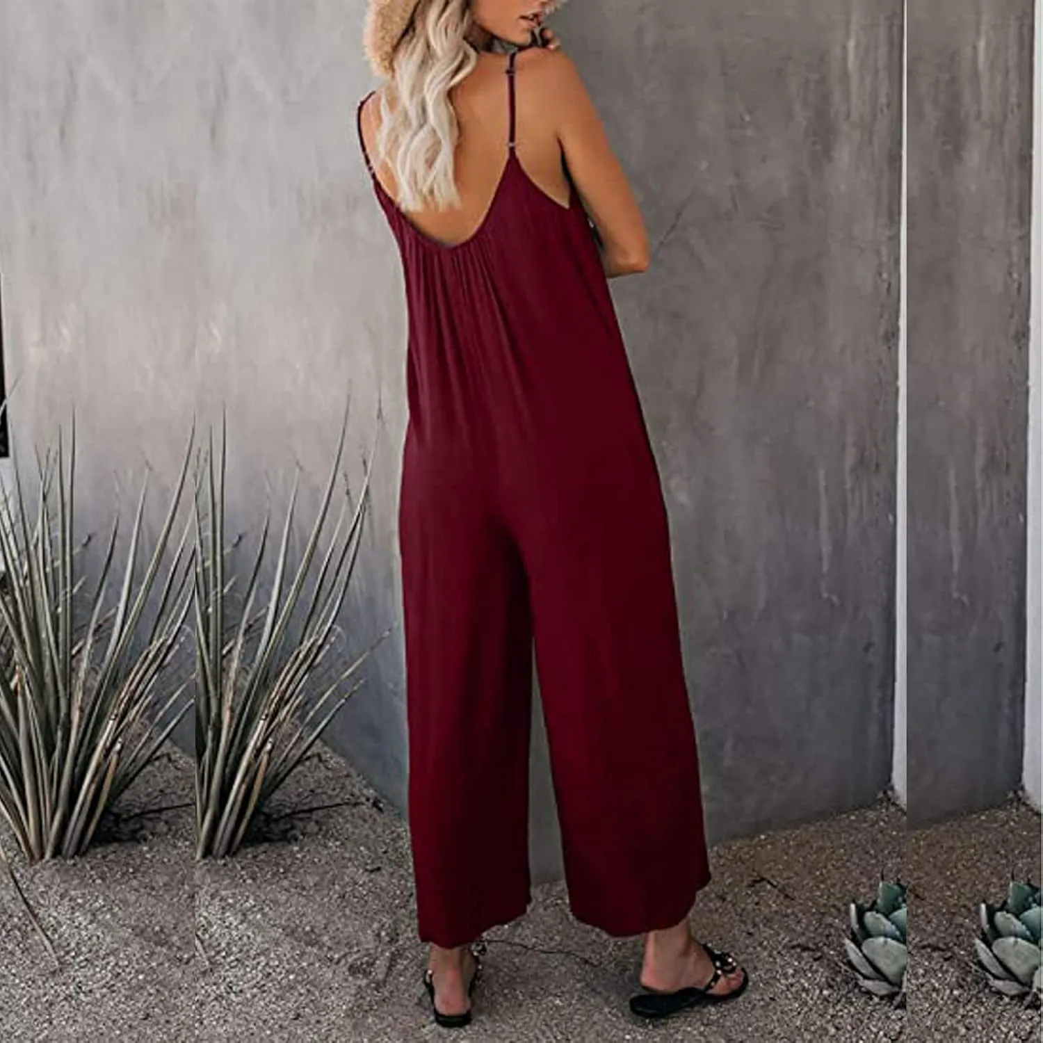 Ceboyel Womens Spaghetti Strap Jumpsuits Rompers Baggy Wide Leg Overalls Solid One Piece Romper Summer Beach Clothes 2023