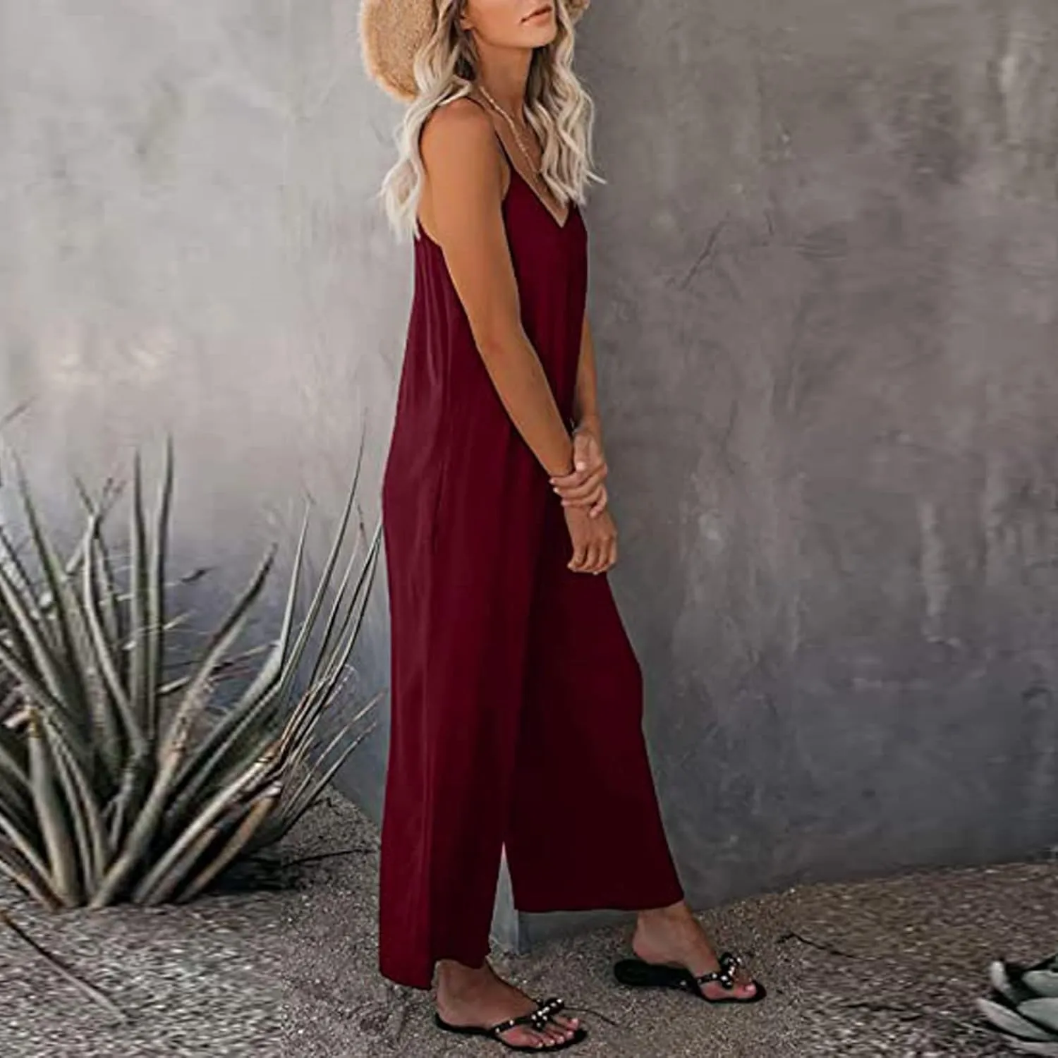 Ceboyel Womens Spaghetti Strap Jumpsuits Rompers Baggy Wide Leg Overalls Solid One Piece Romper Summer Beach Clothes 2023