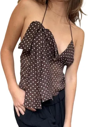 Cioatin Women Y2K Polka Dot Chiffon Mesh Halter Crop Camisole with Scarf Deep V Neck Tie Up Open Back Tank Tops Summer