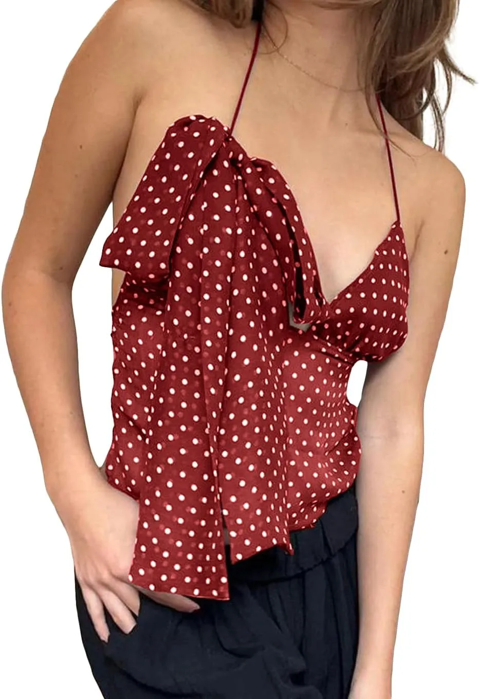 Cioatin Women Y2K Polka Dot Chiffon Mesh Halter Crop Camisole with Scarf Deep V Neck Tie Up Open Back Tank Tops Summer