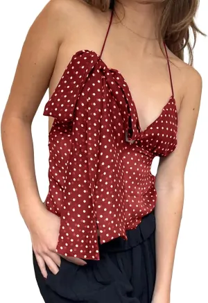 Cioatin Women Y2K Polka Dot Chiffon Mesh Halter Crop Camisole with Scarf Deep V Neck Tie Up Open Back Tank Tops Summer
