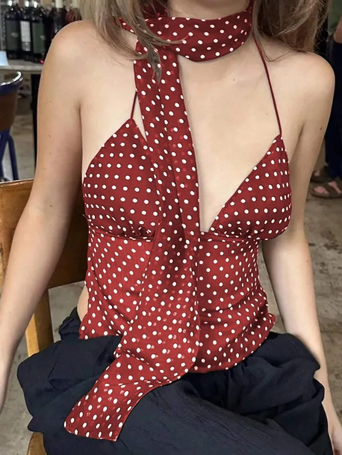Cioatin Women Y2K Polka Dot Chiffon Mesh Halter Crop Camisole with Scarf Deep V Neck Tie Up Open Back Tank Tops Summer