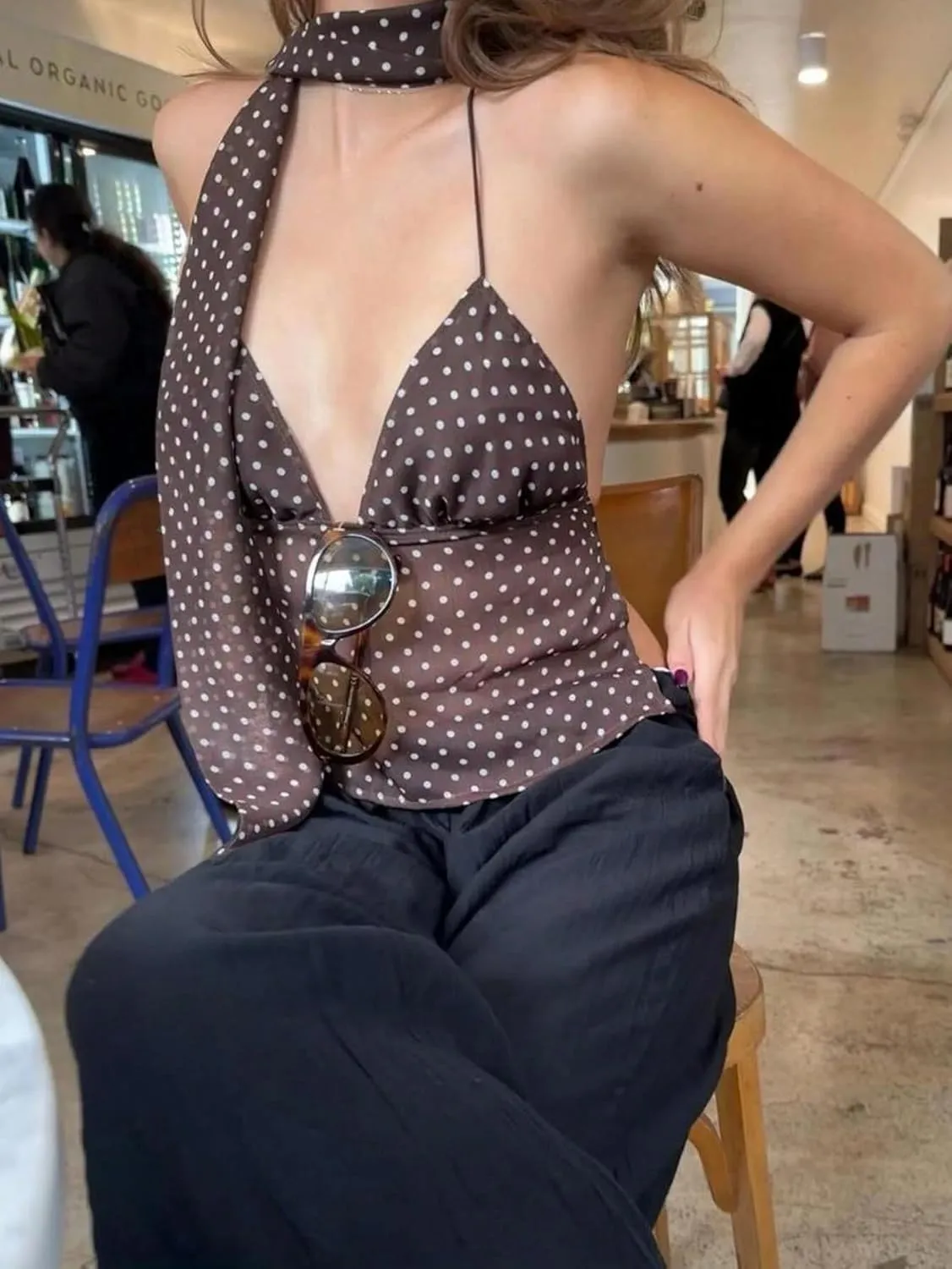 Cioatin Women Y2K Polka Dot Chiffon Mesh Halter Crop Camisole with Scarf Deep V Neck Tie Up Open Back Tank Tops Summer