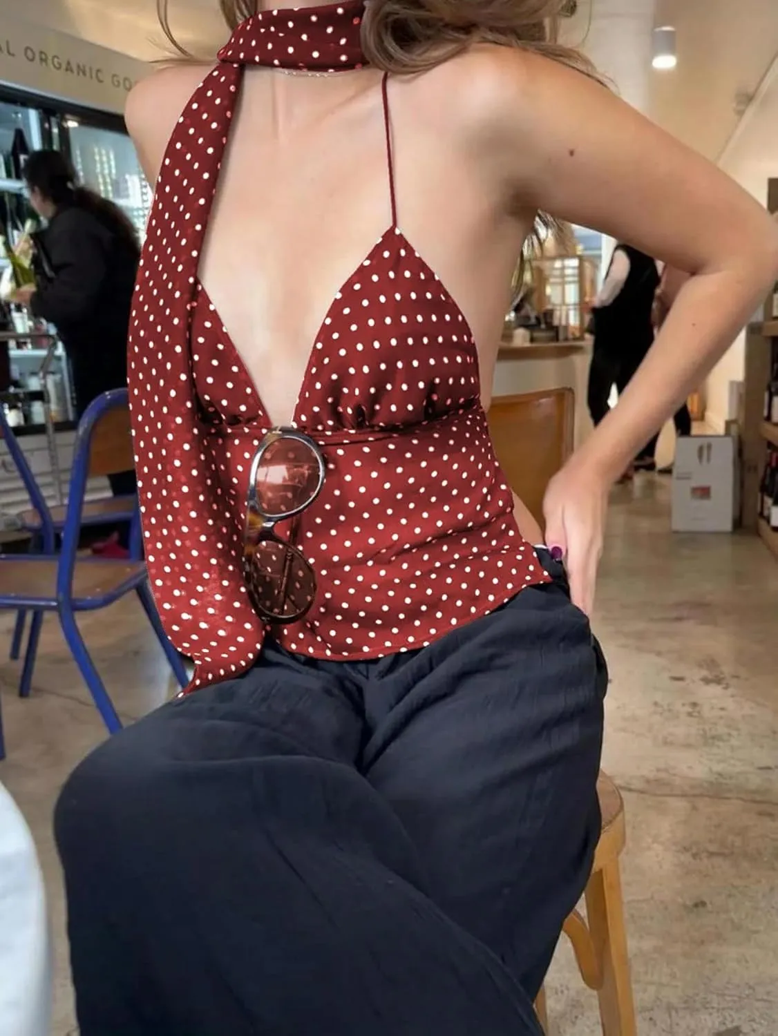 Cioatin Women Y2K Polka Dot Chiffon Mesh Halter Crop Camisole with Scarf Deep V Neck Tie Up Open Back Tank Tops Summer