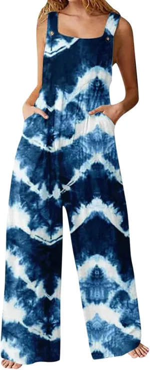 cooki Jumpsuit for Women Dressy Summer Casual Wide Leg Stretchy Tie Dye Overalls Wide Leg Bib Pants Vacation Beach Rompers