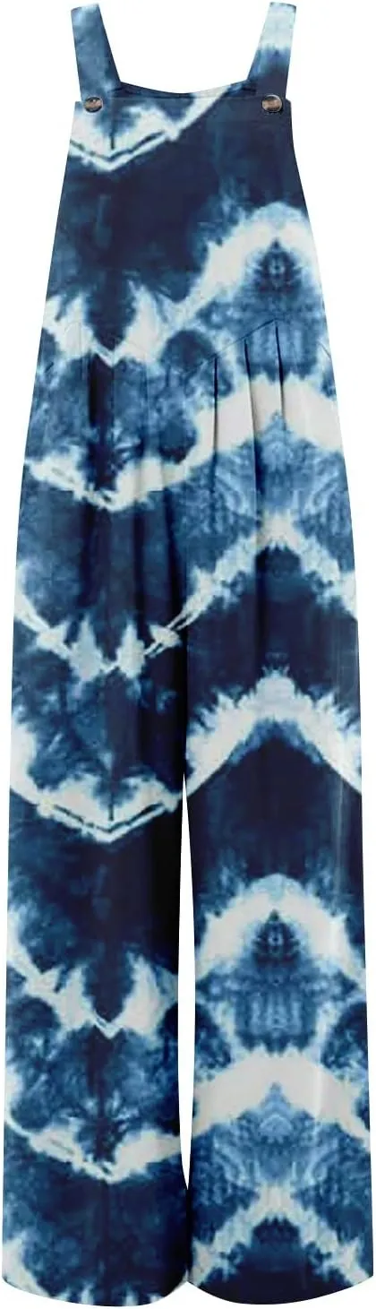cooki Jumpsuit for Women Dressy Summer Casual Wide Leg Stretchy Tie Dye Overalls Wide Leg Bib Pants Vacation Beach Rompers