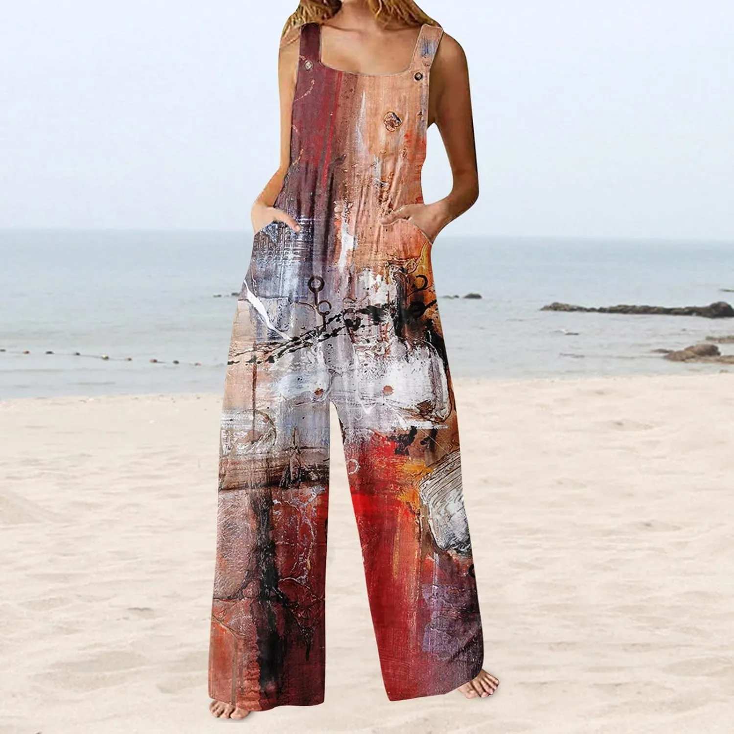 cooki Jumpsuit for Women Dressy Summer Casual Wide Leg Stretchy Tie Dye Overalls Wide Leg Bib Pants Vacation Beach Rompers