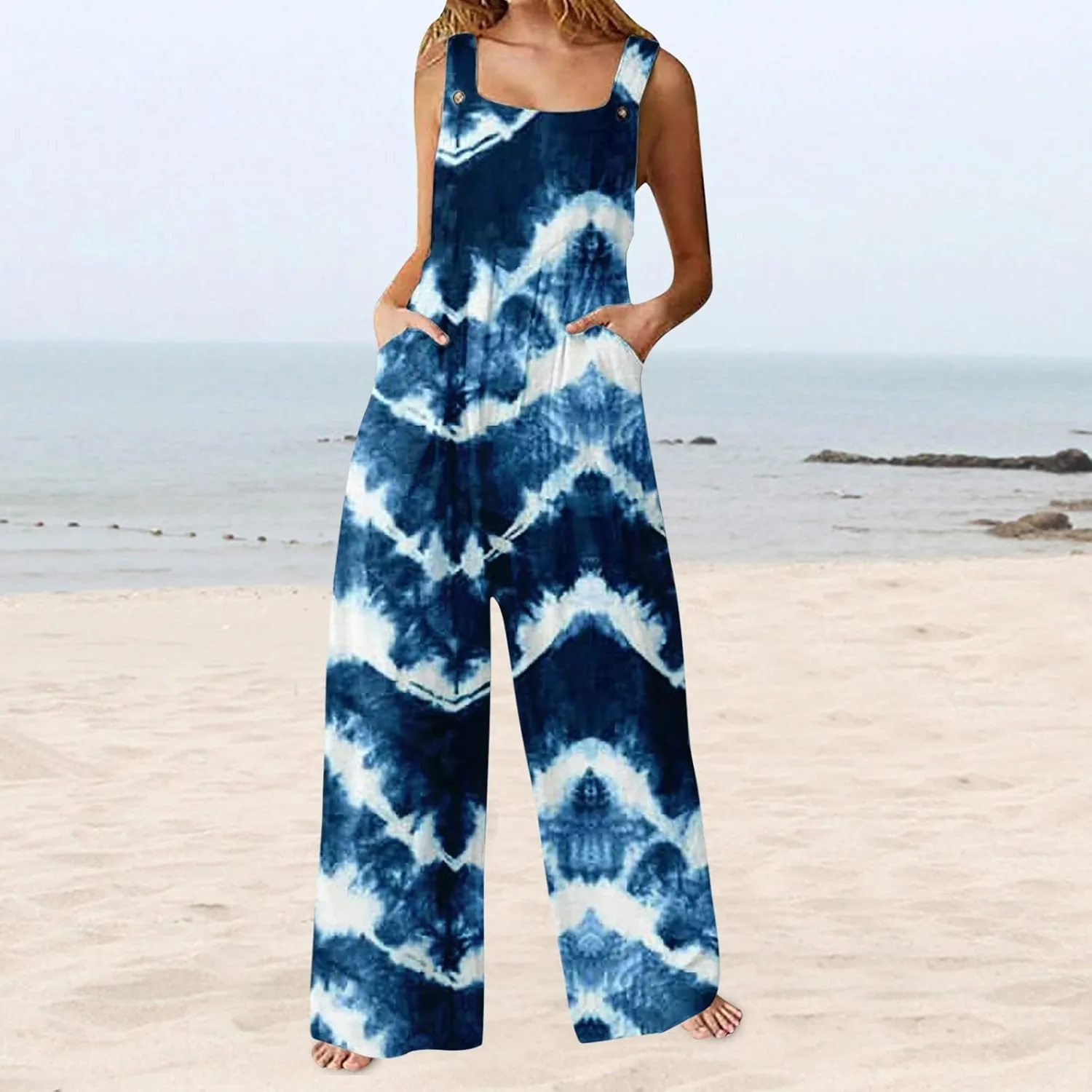 cooki Jumpsuit for Women Dressy Summer Casual Wide Leg Stretchy Tie Dye Overalls Wide Leg Bib Pants Vacation Beach Rompers
