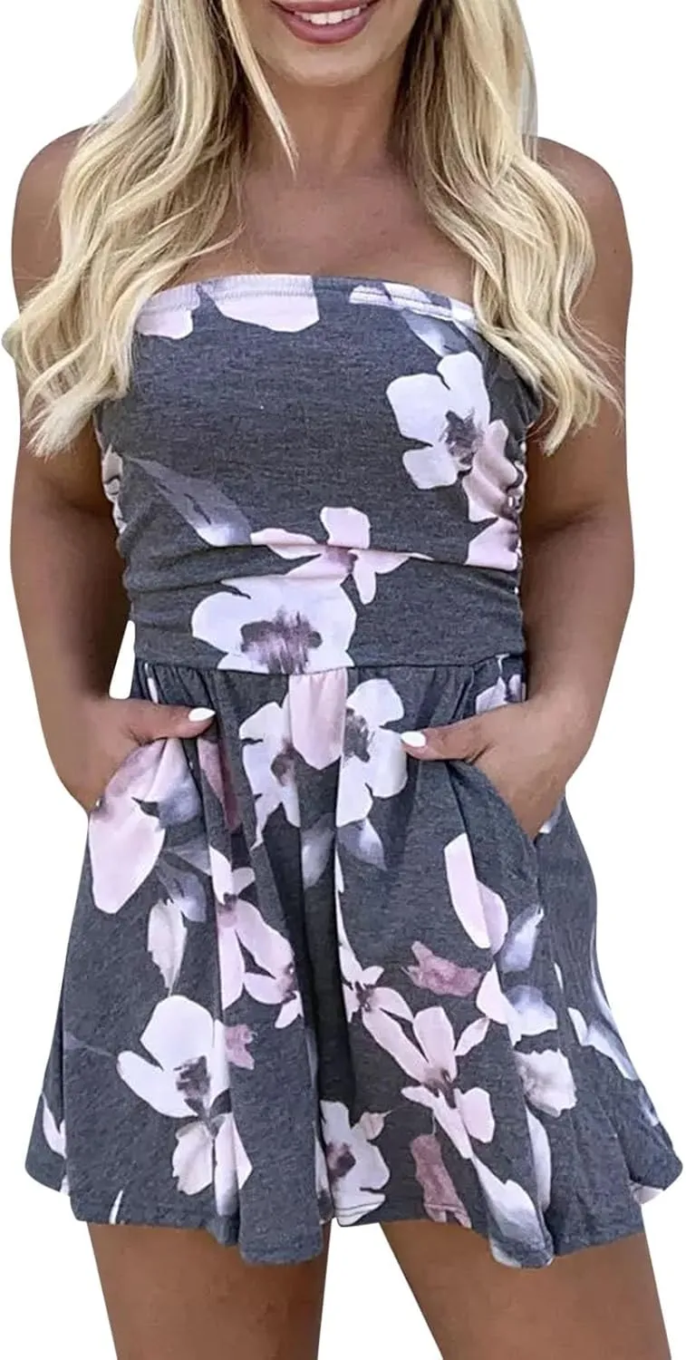 cooki Summer Rompers for Women 2025 Casual 1-Piece Strapless Tube Top Sleeveless Skort Short Floral Vacation Beach Jumpsuits