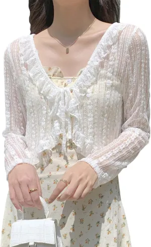 Cottagecore Clothes Women's Summer Long Sleeve Lace Cropped Cardigan Mesh Shrug Beachwear Cover up Fairycore Clothing