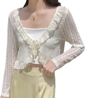 Cottagecore Clothes Women's Summer Long Sleeve Lace Cropped Cardigan Mesh Shrug Beachwear Cover up Fairycore Clothing