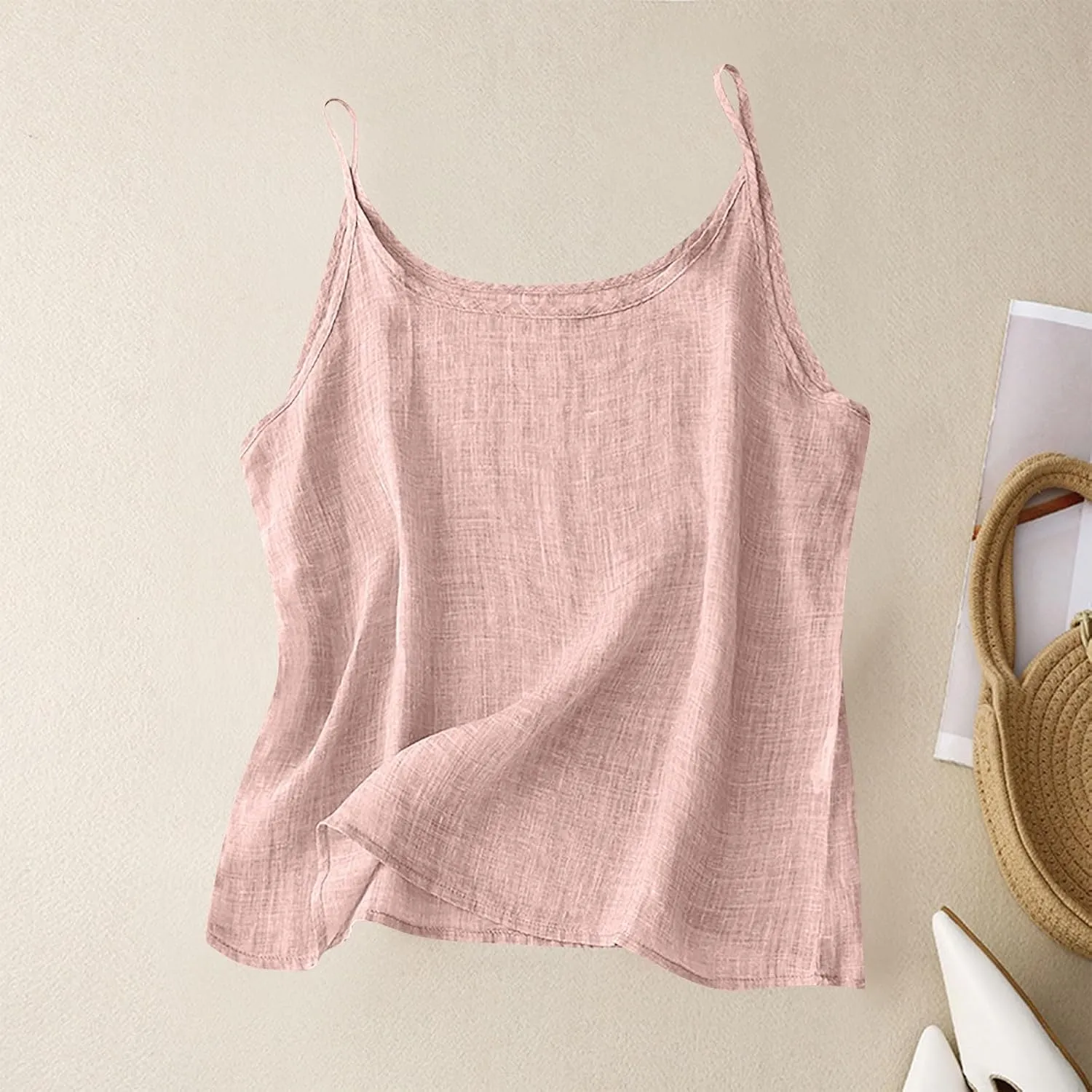 Cotton Linen Camisole Tops for Women Solid Spaghetti Strap Loose Fit Tank Top Summer 2025 Casual Sleeveless Shirts