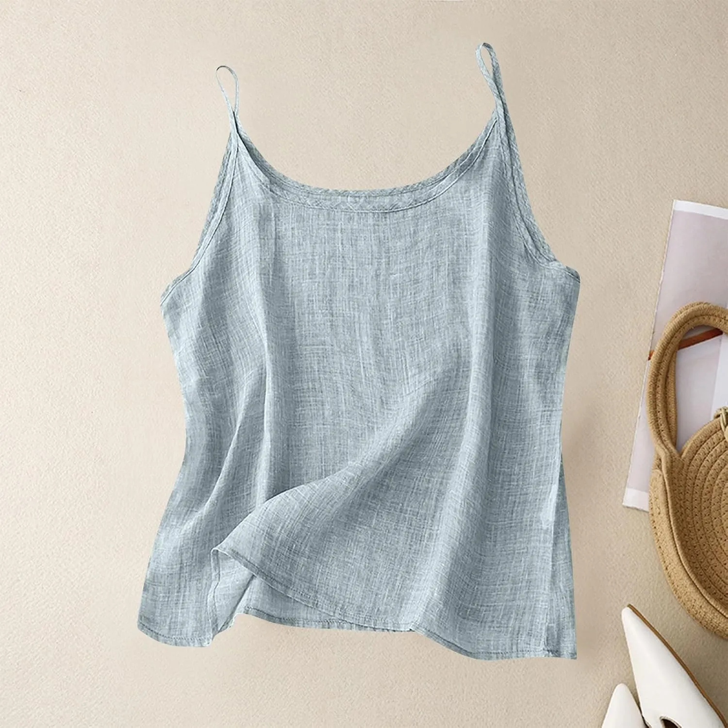 Cotton Linen Camisole Tops for Women Solid Spaghetti Strap Loose Fit Tank Top Summer 2025 Casual Sleeveless Shirts