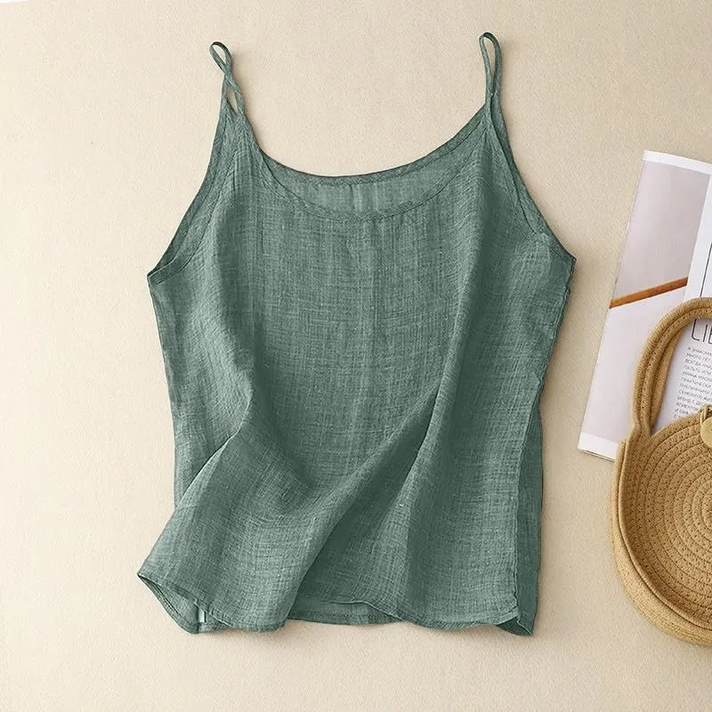 Cotton Linen Camisole Tops for Women Solid Spaghetti Strap Loose Fit Tank Top Summer 2025 Casual Sleeveless Shirts