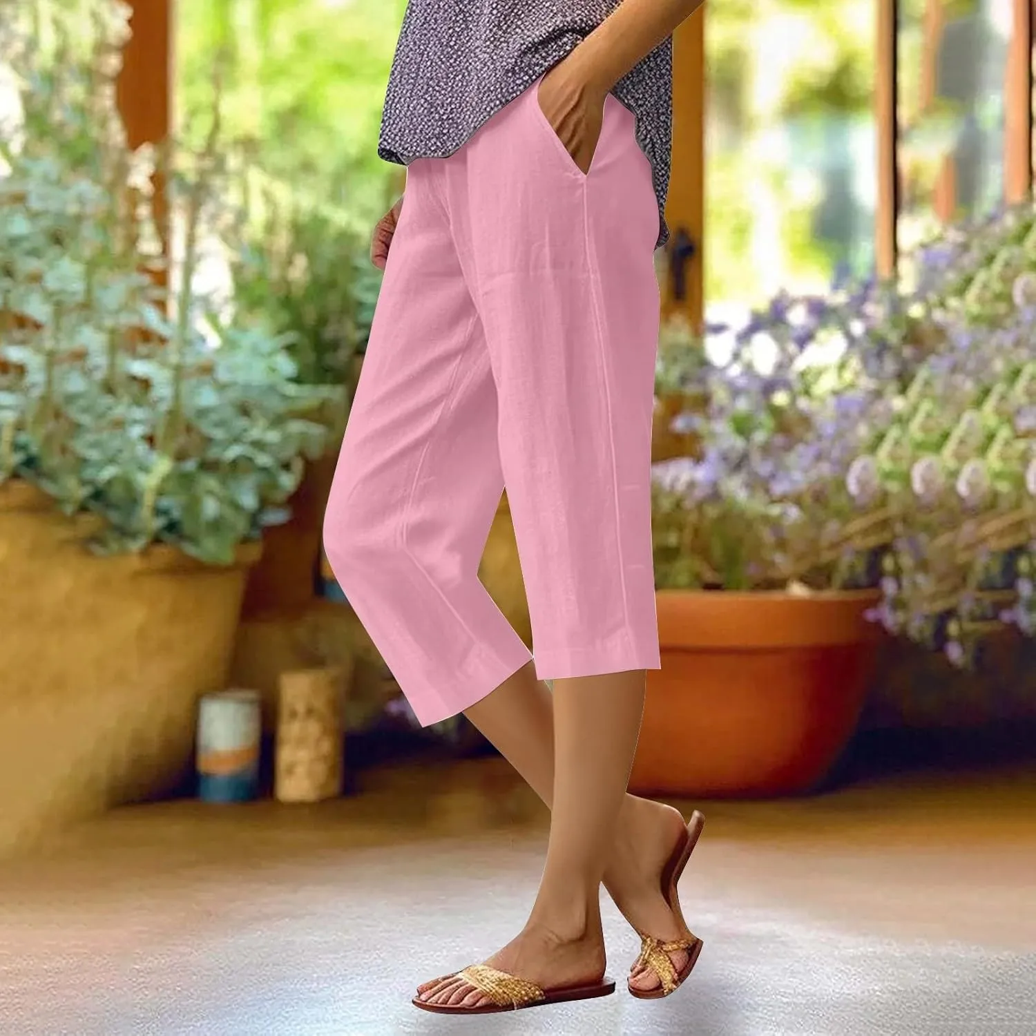 Cotton Linen Capri Pants for Women 2024 Summer Casual Elastic Waisted Straight Leg Drawstring Trousers with Pocket