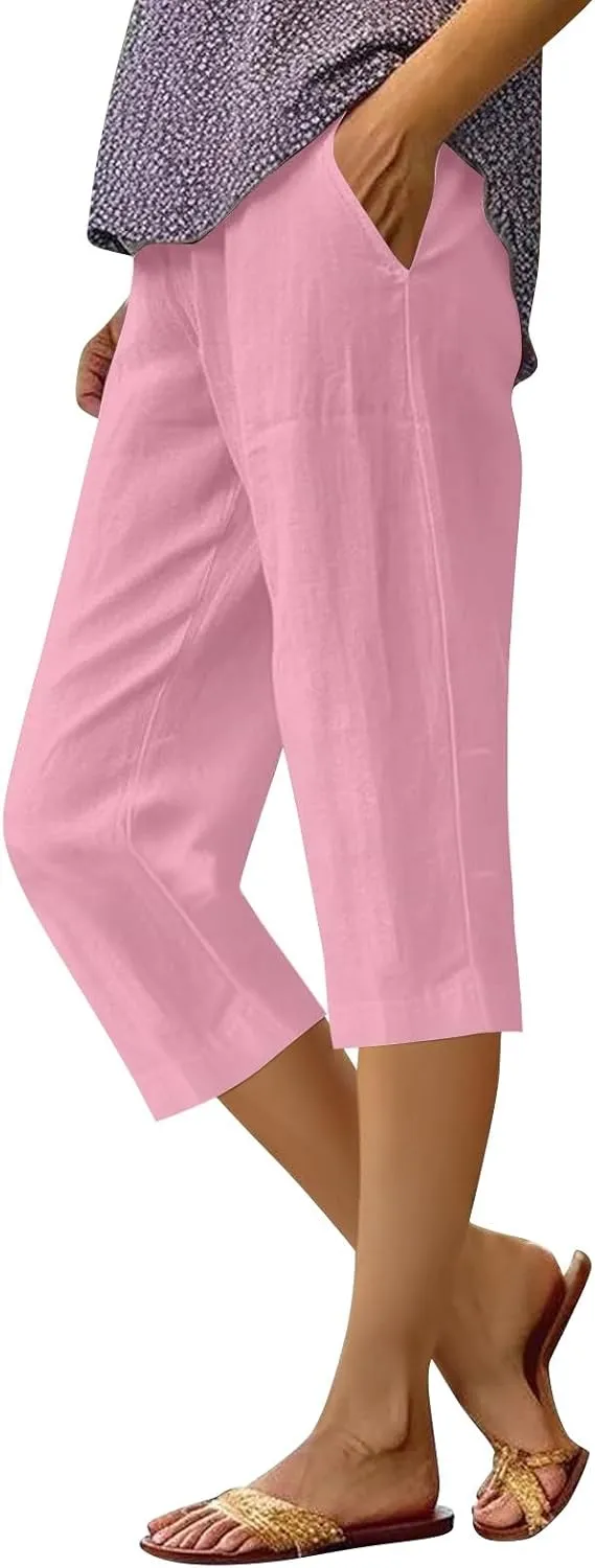 Cotton Linen Capri Pants for Women 2024 Summer Casual Elastic Waisted Straight Leg Drawstring Trousers with Pocket