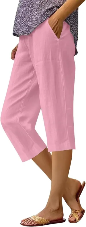 Cotton Linen Capri Pants for Women 2024 Summer Casual Elastic Waisted Straight Leg Drawstring Trousers with Pocket