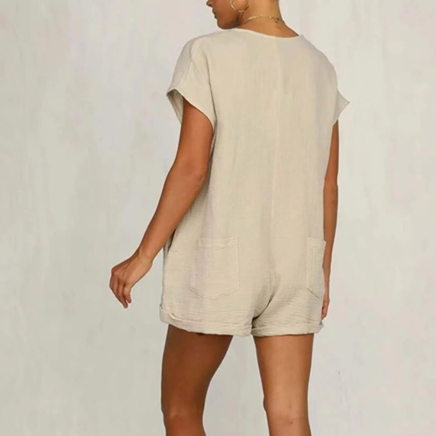 Cotton Linen Jumpsuits for Women Short Sleeve V Neck Button Down Jumpsuit Summer Casual Baggy Wide Leg Shorts Rompers