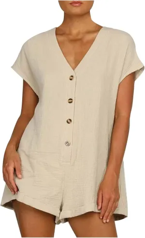 Cotton Linen Jumpsuits for Women Short Sleeve V Neck Button Down Jumpsuit Summer Casual Baggy Wide Leg Shorts Rompers