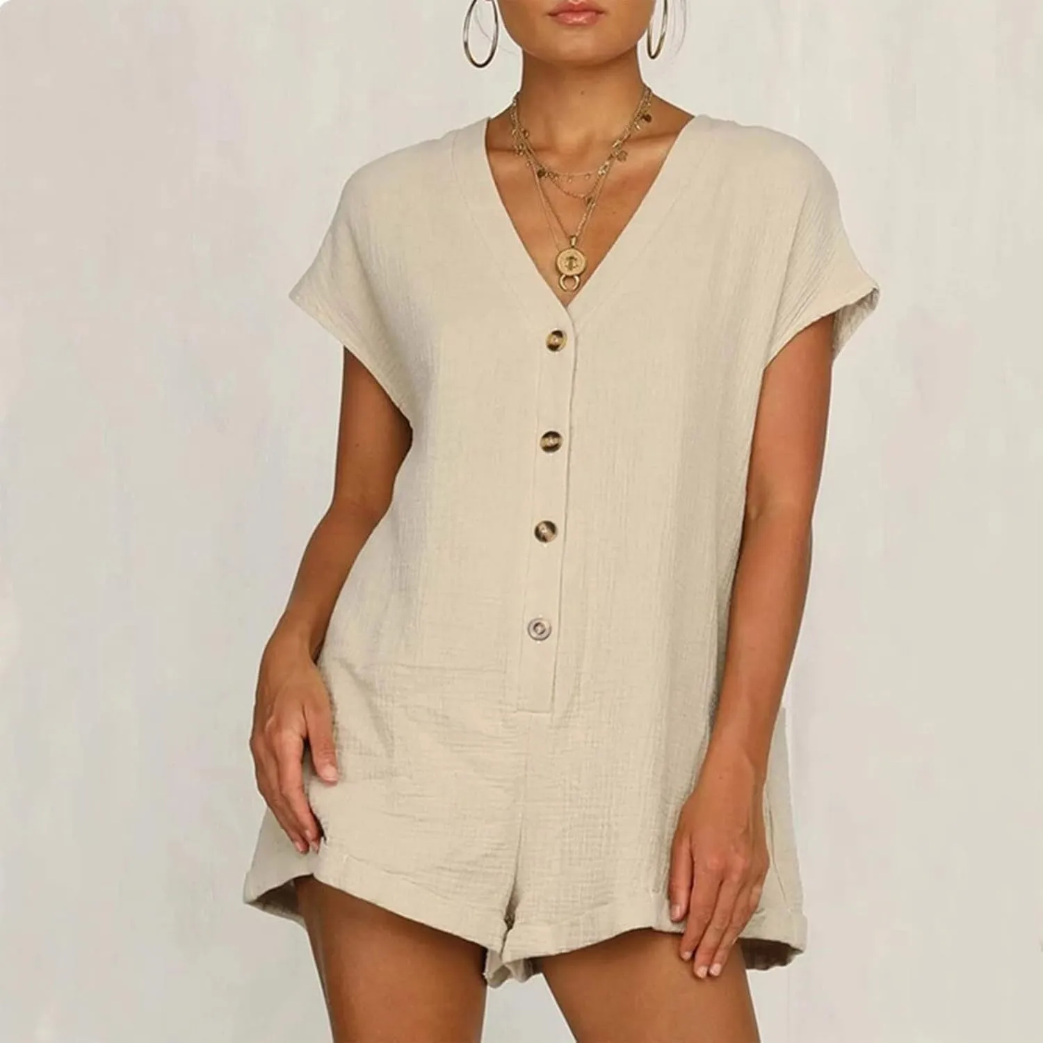 Cotton Linen Jumpsuits for Women Short Sleeve V Neck Button Down Jumpsuit Summer Casual Baggy Wide Leg Shorts Rompers