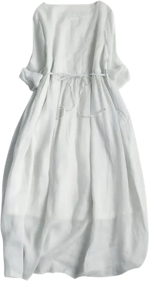 Cotton Linen Long Sleeve Loose Linen Dress for Women Casual Drawstring Waist Summer Vacation Relax Beachwear Resort