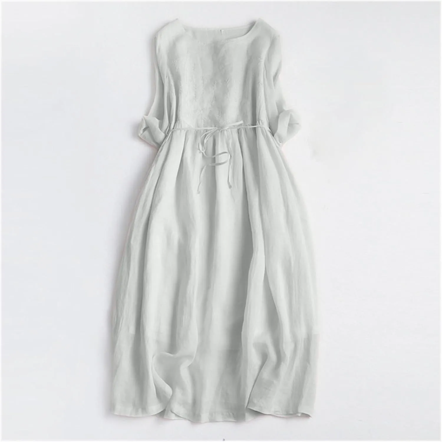 Cotton Linen Long Sleeve Loose Linen Dress for Women Casual Drawstring Waist Summer Vacation Relax Beachwear Resort