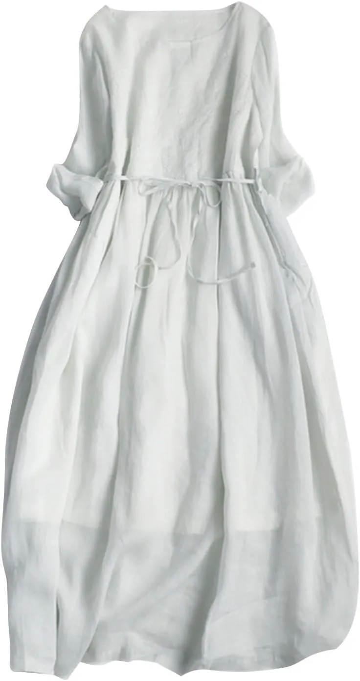 Cotton Linen Long Sleeve Loose Linen Dress for Women Casual Drawstring Waist Summer Vacation Relax Beachwear Resort