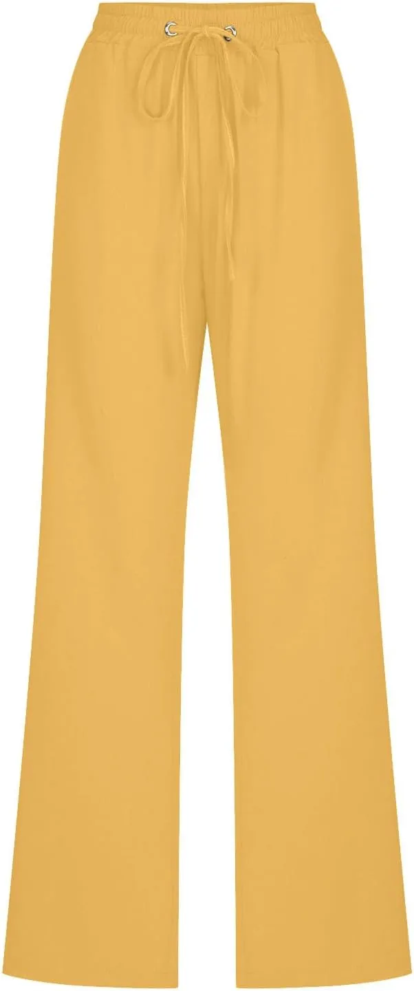 Cotton Linen Pants for Women Drawstring Straight Leg Trousers Lightweight High Waist Casual Pant Beach Travel Clothes