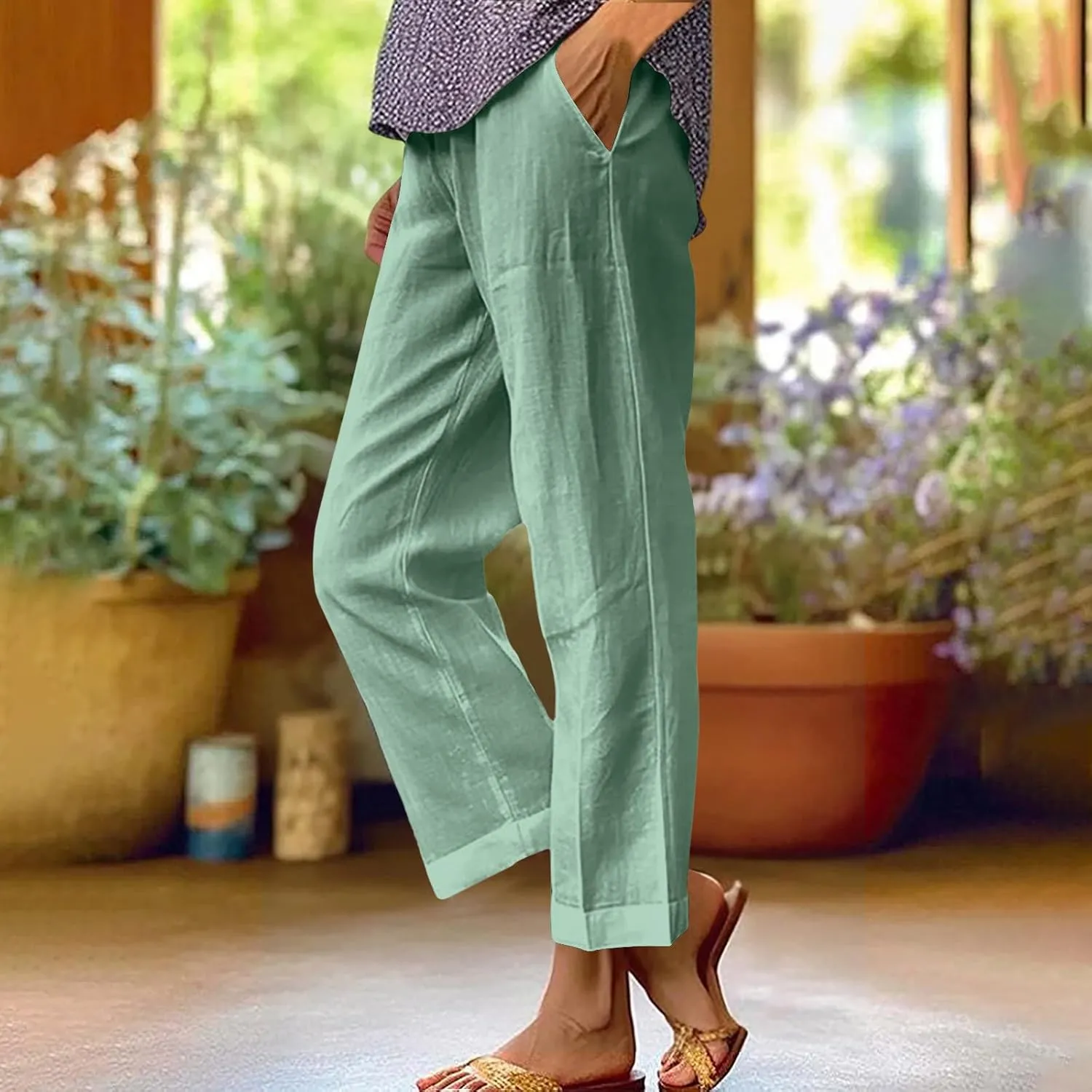 Cotton Linen Pants for Women High Elastic Waist Trousers Summer Lounge Straight Leg Pant Beach Vacation Outfit 2025