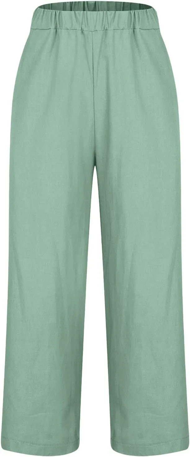 Cotton Linen Pants for Women High Elastic Waist Trousers Summer Lounge Straight Leg Pant Beach Vacation Outfit 2025