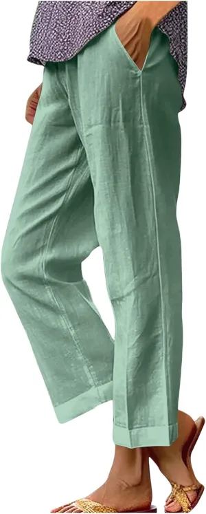 Cotton Linen Pants for Women High Elastic Waist Trousers Summer Lounge Straight Leg Pant Beach Vacation Outfit 2025