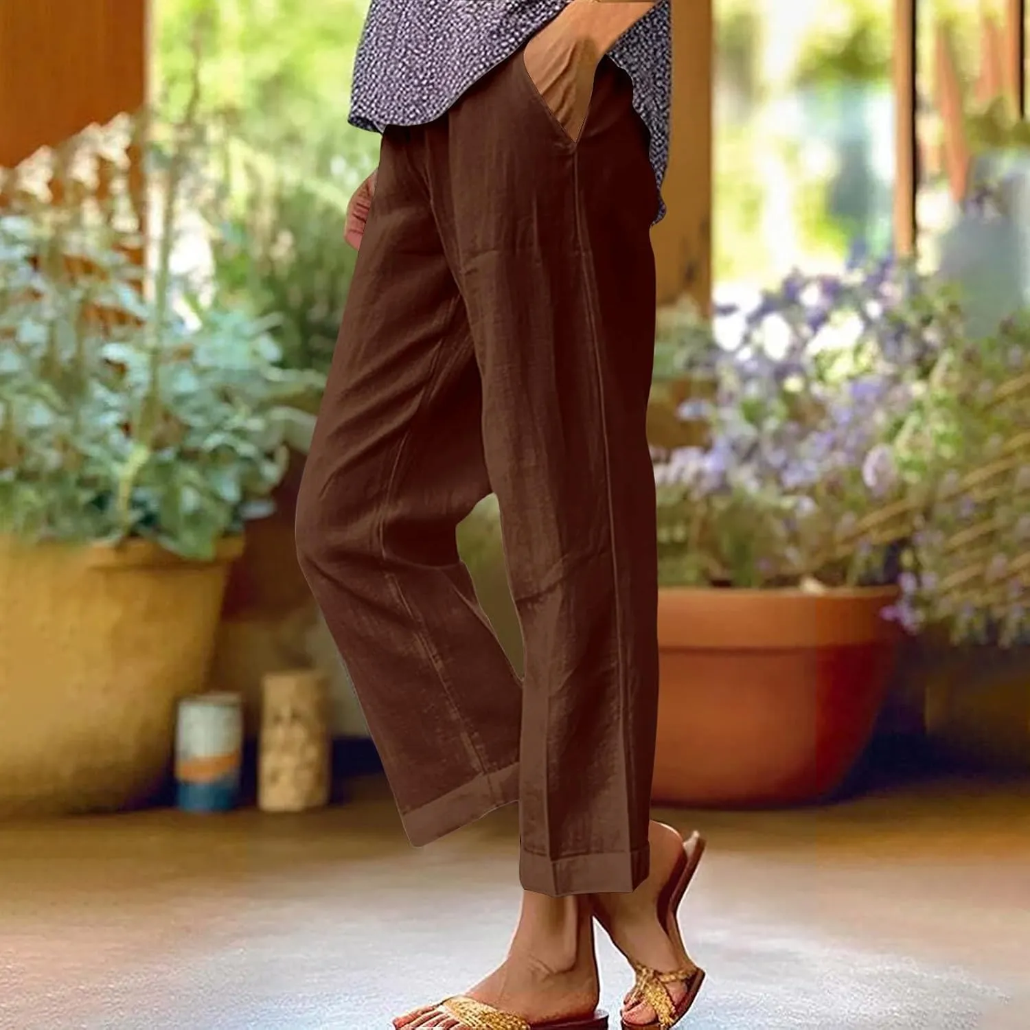 Cotton Linen Pants Women Summer Elastic Waist Crop Pants Plus Size Straight Leg Slack Casual Ankle Trouser with Pocket