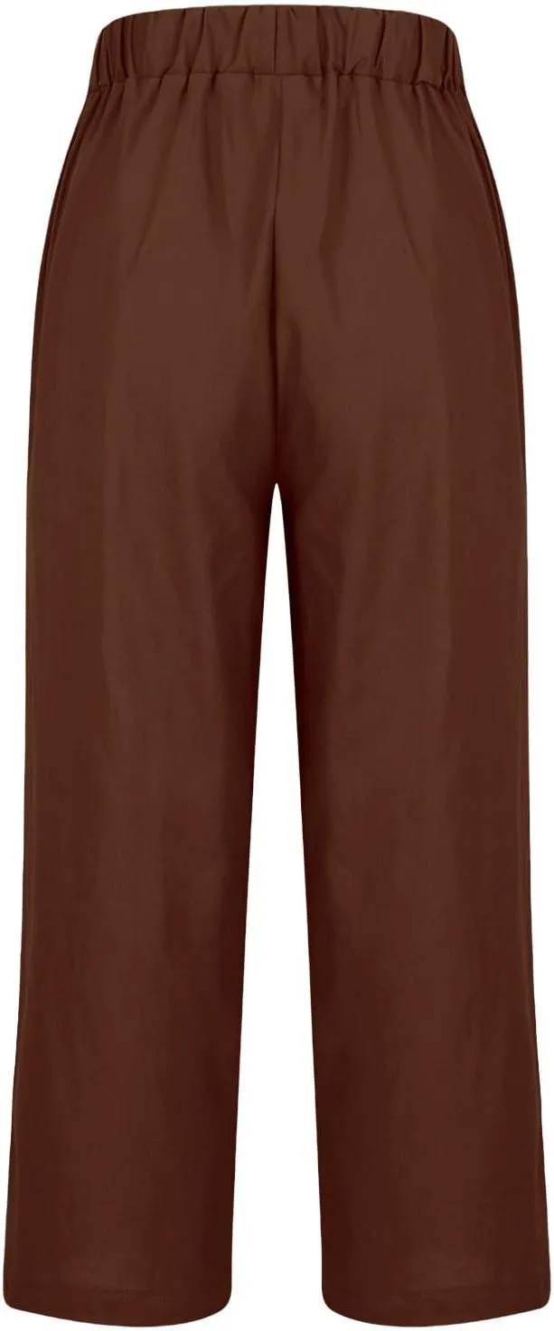 Cotton Linen Pants Women Summer Elastic Waist Crop Pants Plus Size Straight Leg Slack Casual Ankle Trouser with Pocket
