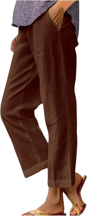 Cotton Linen Pants Women Summer Elastic Waist Crop Pants Plus Size Straight Leg Slack Casual Ankle Trouser with Pocket
