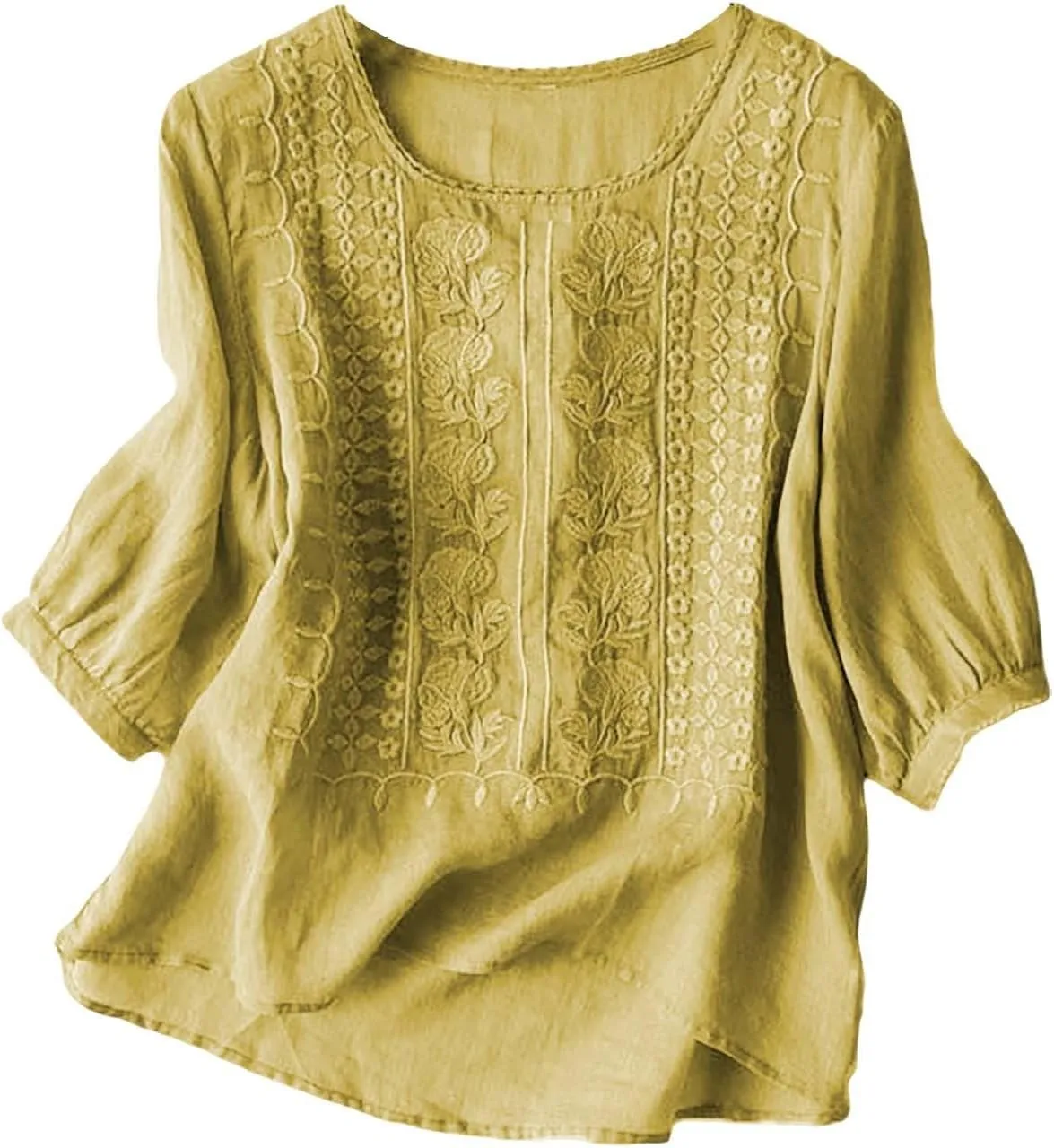Cotton Linen Shirts for Women 2025 Summer Trendy Retro Embroidered 3/4 Sleeve Tops Dressy Casual Boho Beach Blouses