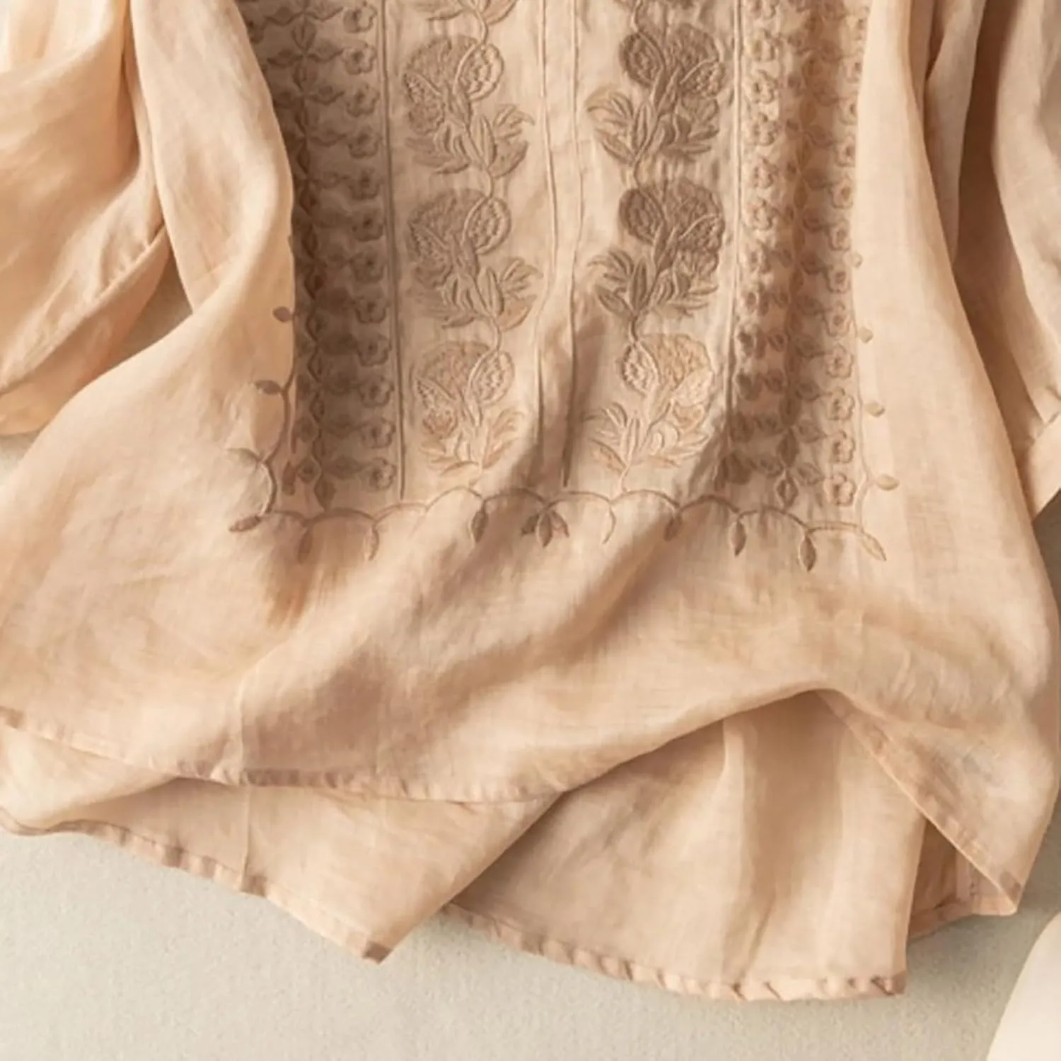 Cotton Linen Shirts for Women 2025 Summer Trendy Retro Embroidered 3/4 Sleeve Tops Dressy Casual Boho Beach Blouses