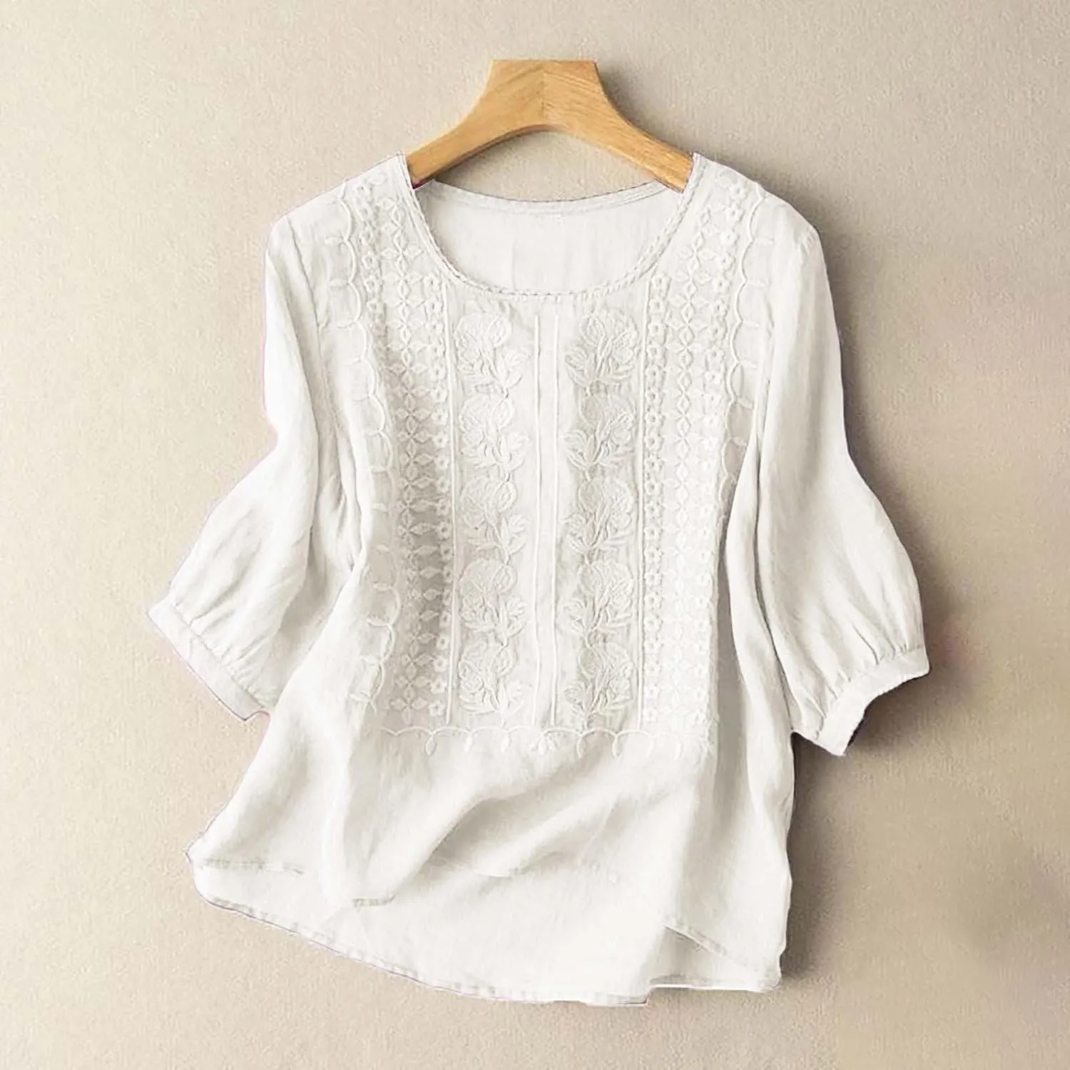Cotton Linen Shirts for Women 2025 Summer Trendy Retro Embroidered 3/4 Sleeve Tops Dressy Casual Boho Beach Blouses