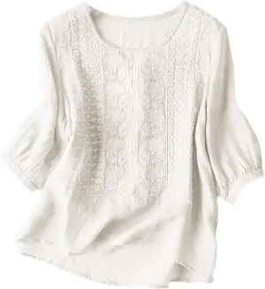Cotton Linen Shirts for Women 2025 Summer Trendy Retro Embroidered 3/4 Sleeve Tops Dressy Casual Boho Beach Blouses