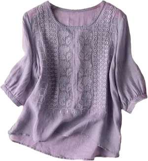 Cotton Linen Shirts for Women 2025 Summer Trendy Retro Embroidered 3/4 Sleeve Tops Dressy Casual Boho Beach Blouses