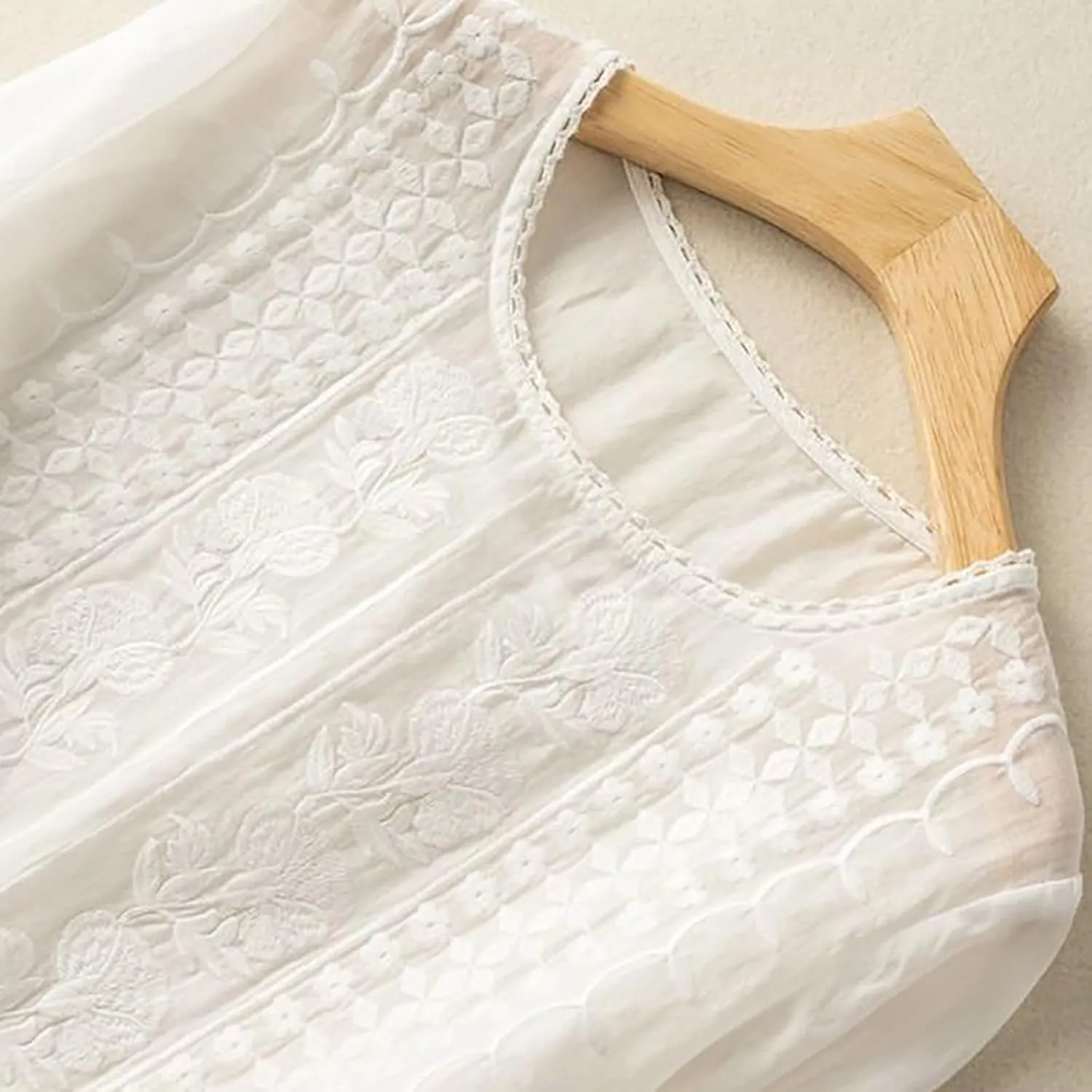 Cotton Linen Shirts for Women 2025 Summer Trendy Retro Embroidered 3/4 Sleeve Tops Dressy Casual Boho Beach Blouses
