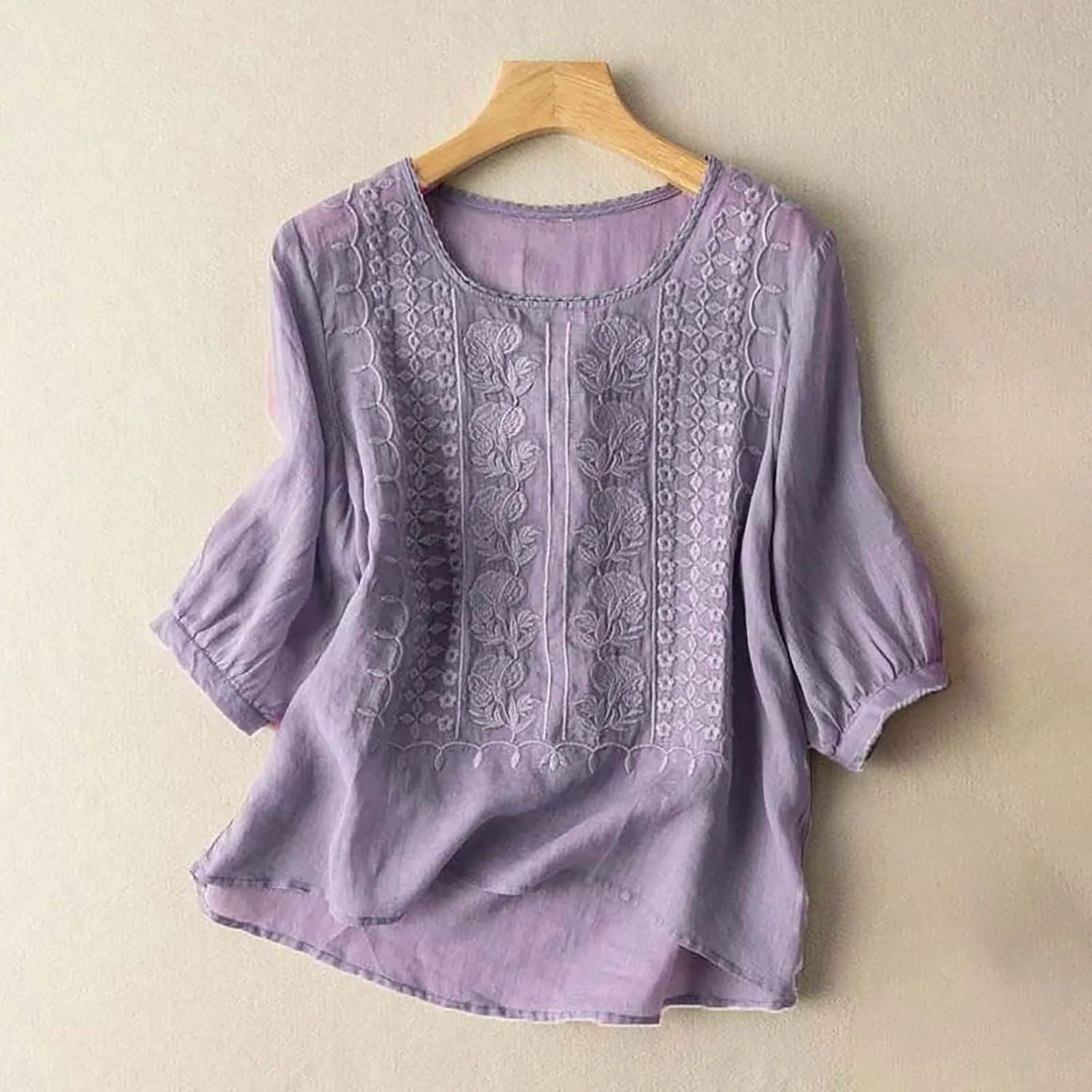 Cotton Linen Shirts for Women 2025 Summer Trendy Retro Embroidered 3/4 Sleeve Tops Dressy Casual Boho Beach Blouses
