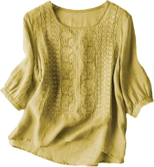 Cotton Linen Shirts for Women 2025 Summer Trendy Retro Embroidered 3/4 Sleeve Tops Dressy Casual Boho Beach Blouses