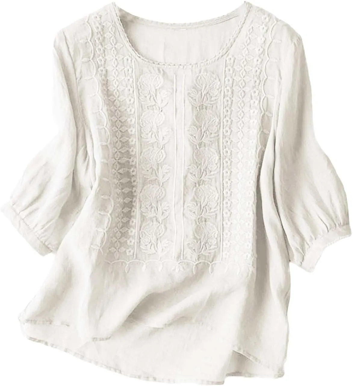 Cotton Linen Shirts for Women 2025 Summer Trendy Retro Embroidered 3/4 Sleeve Tops Dressy Casual Boho Beach Blouses
