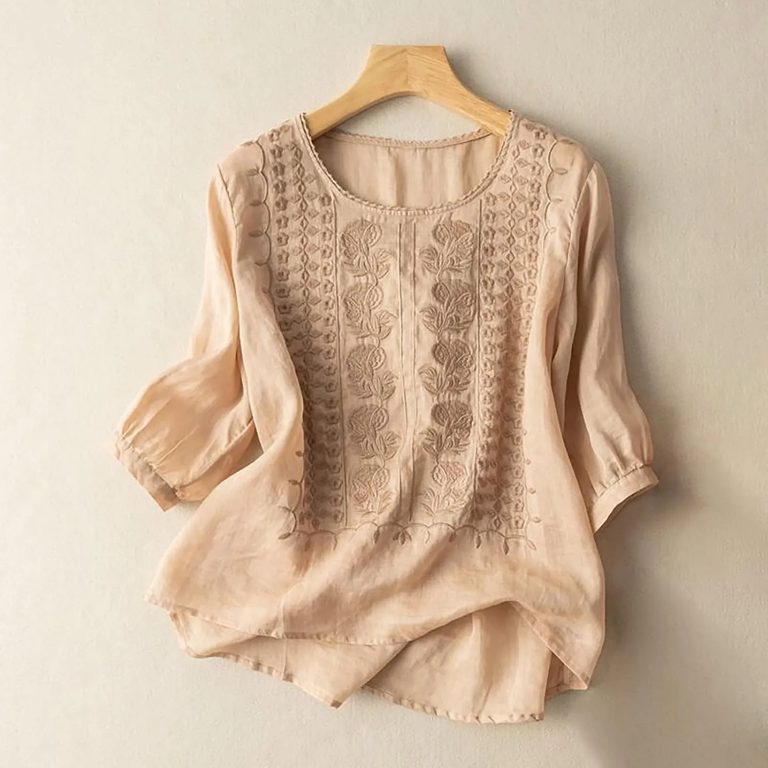 Cotton Linen Shirts for Women 2025 Summer Trendy Retro Embroidered 3/4 Sleeve Tops Dressy Casual Boho Beach Blouses