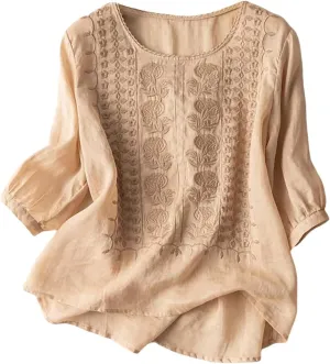 Cotton Linen Shirts for Women 2025 Summer Trendy Retro Embroidered 3/4 Sleeve Tops Dressy Casual Boho Beach Blouses