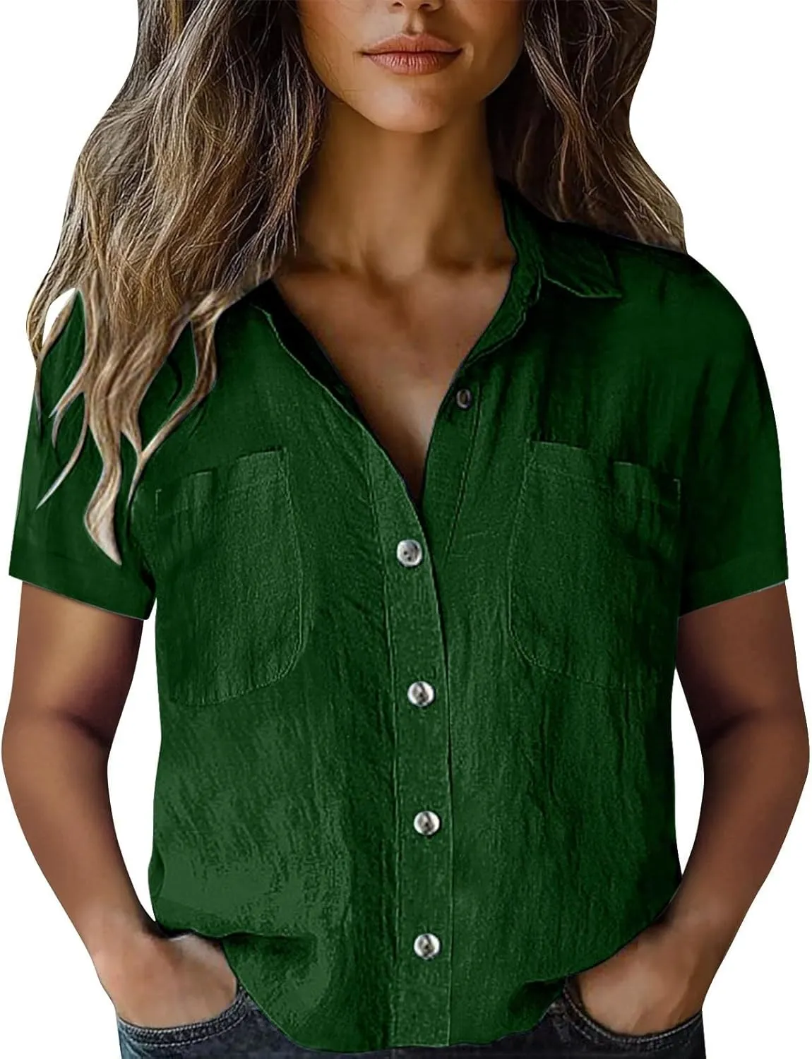 Cotton Linen Shirts for Women Linen Boho Tops for Women Summer Short Sleeve Button Up Blouses Short Sleeve Shirts