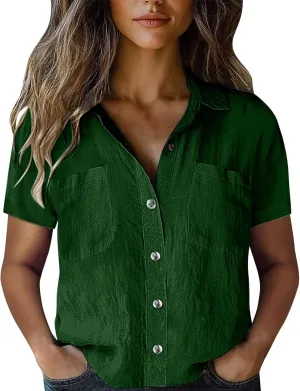 Cotton Linen Shirts for Women Linen Boho Tops for Women Summer Short Sleeve Button Up Blouses Short Sleeve Shirts