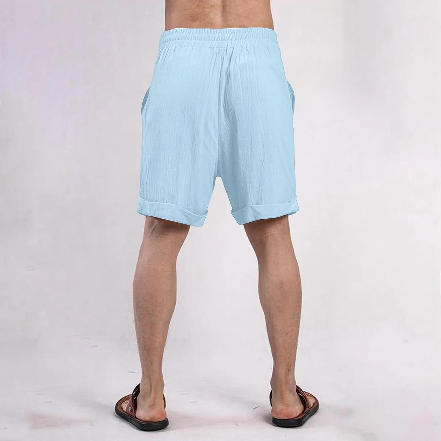 Cotton Linen Shorts for Men Knee Length Elastic Waist Drawstring Lightweight Breathable Casual Lounge Shorts